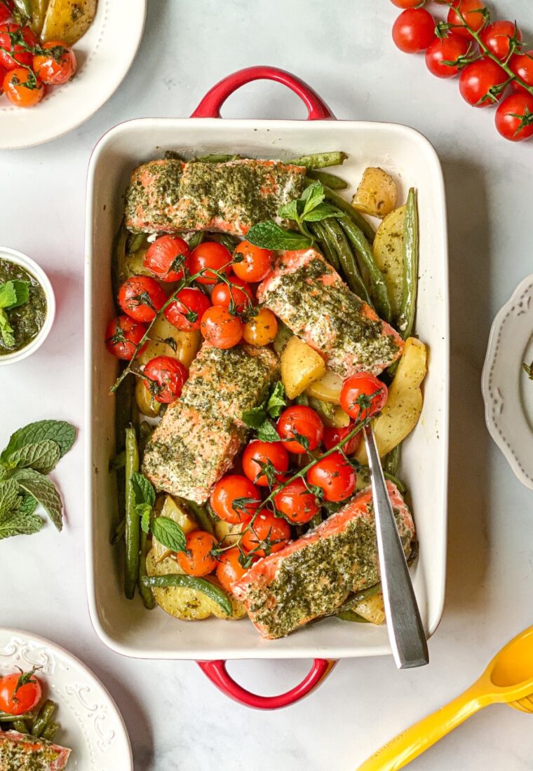 Quick and easy one sheet pan pesto salmon and veggies Panos Eats