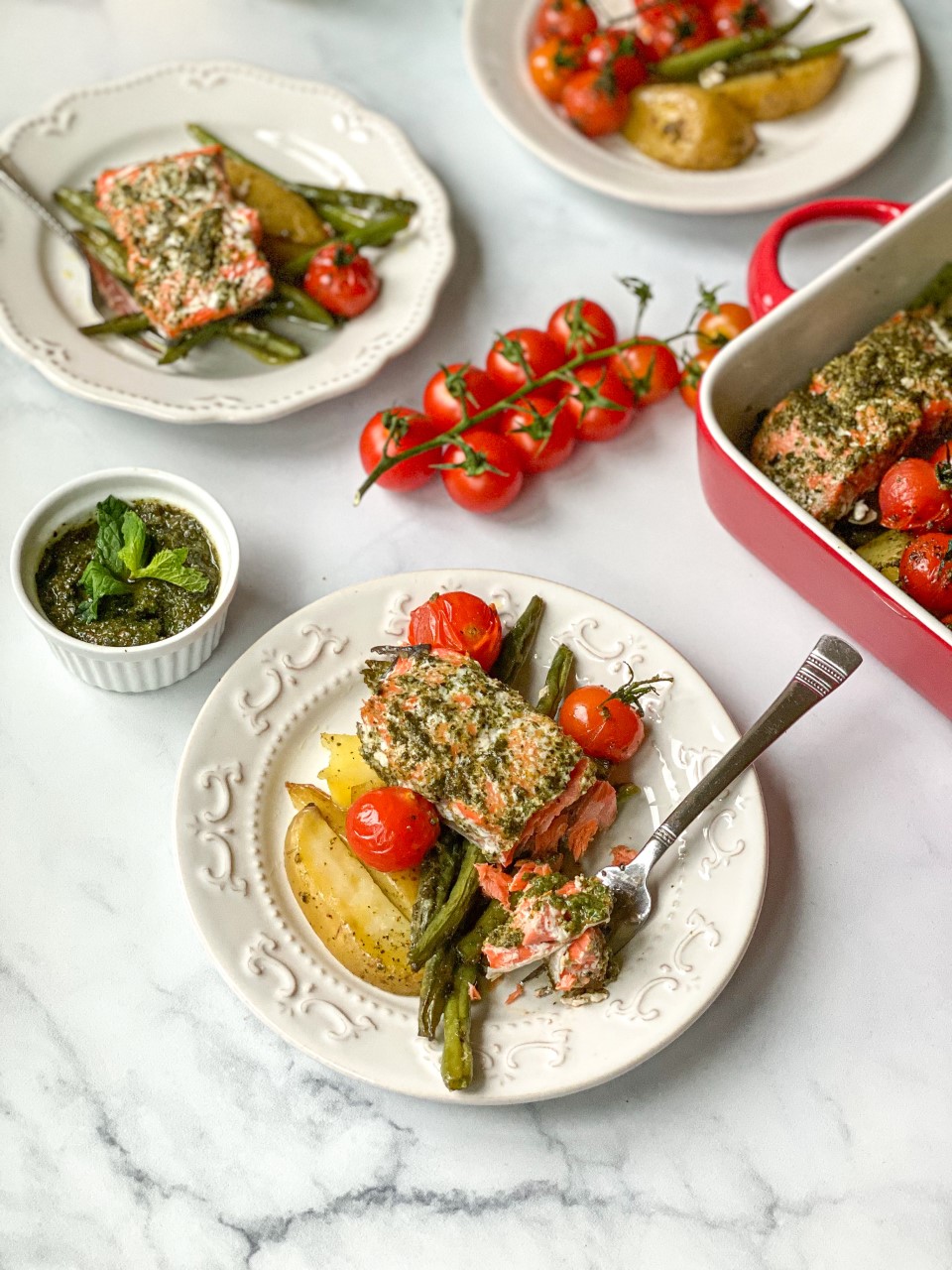 Quick and easy one sheet pan pesto salmon and veggies Panos Eats